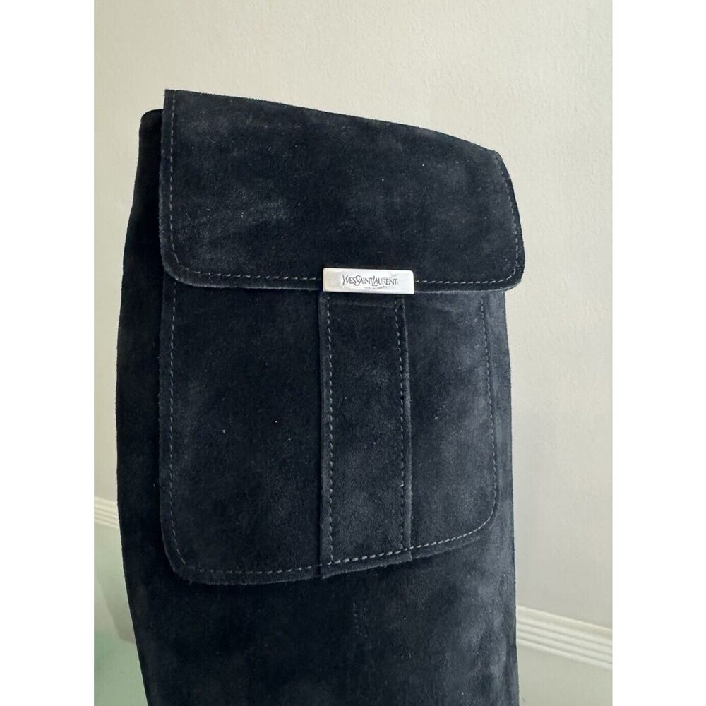 YVES SAINT LAURENT VTG Square Toe Black Suede Knee Boots Block Heels Sz 7.5 YSL - Picture 14 of 16